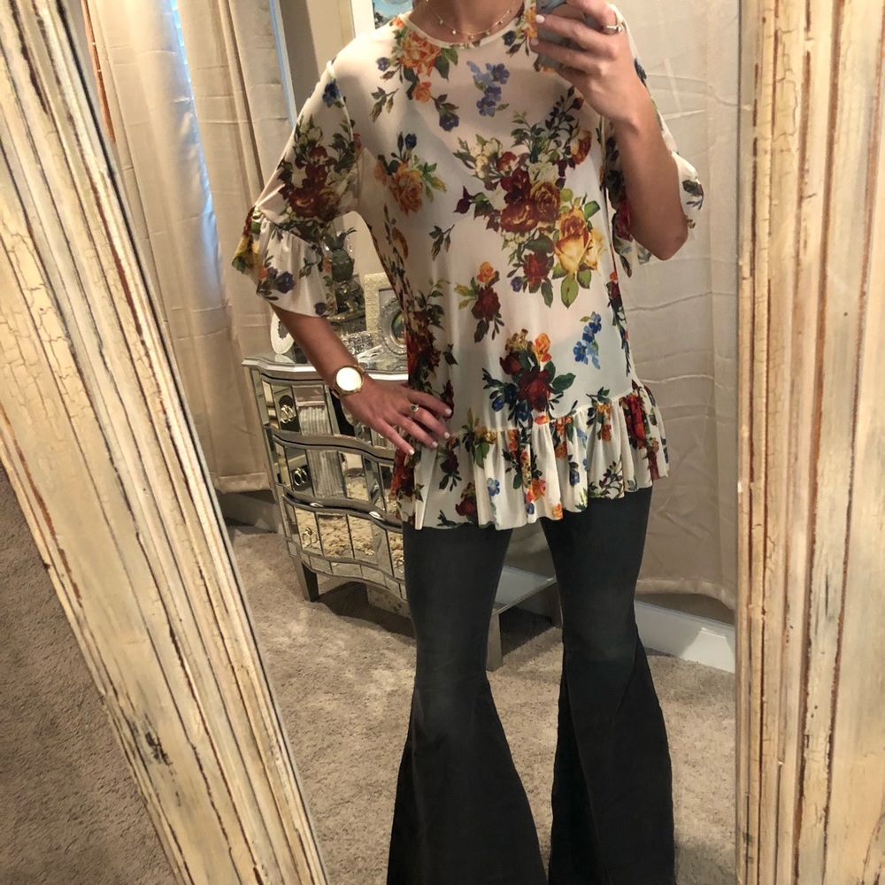 Cream sheer floral ruffle top